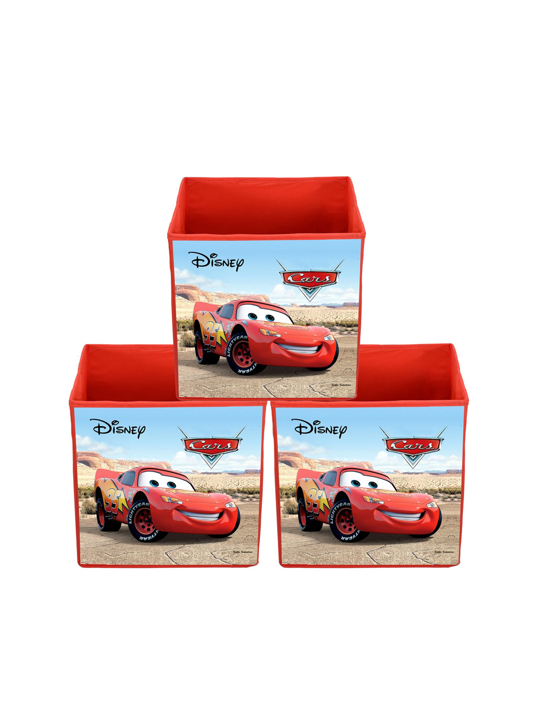 Kuber Industries Set Of 3 Red Disney Cars Printed Foldable Storage Boxes With Handle
