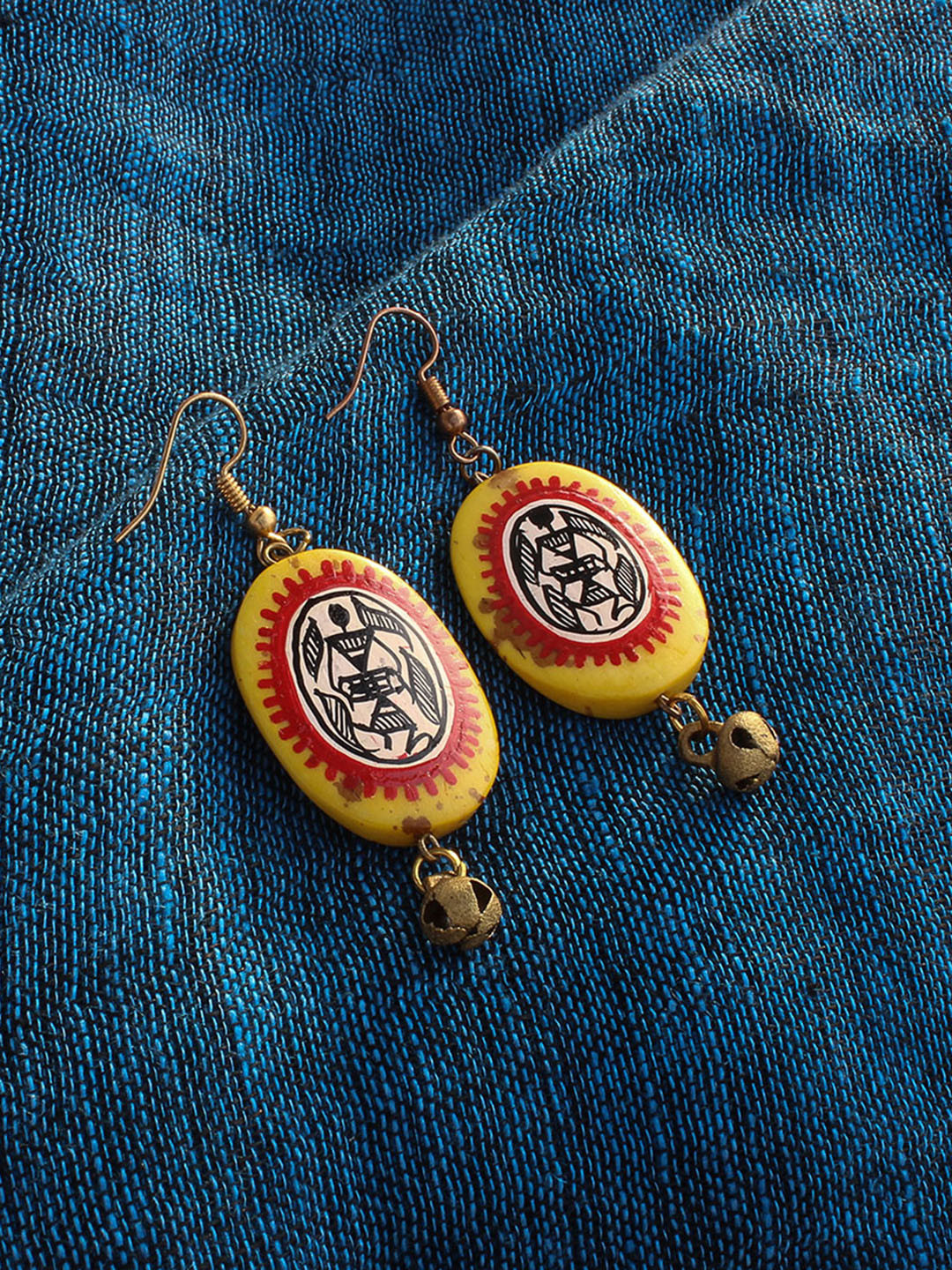 ExclusiveLane Yellow & Orange Warli Art Hand-Painted Bohemian Resin Oval Drop Earrings