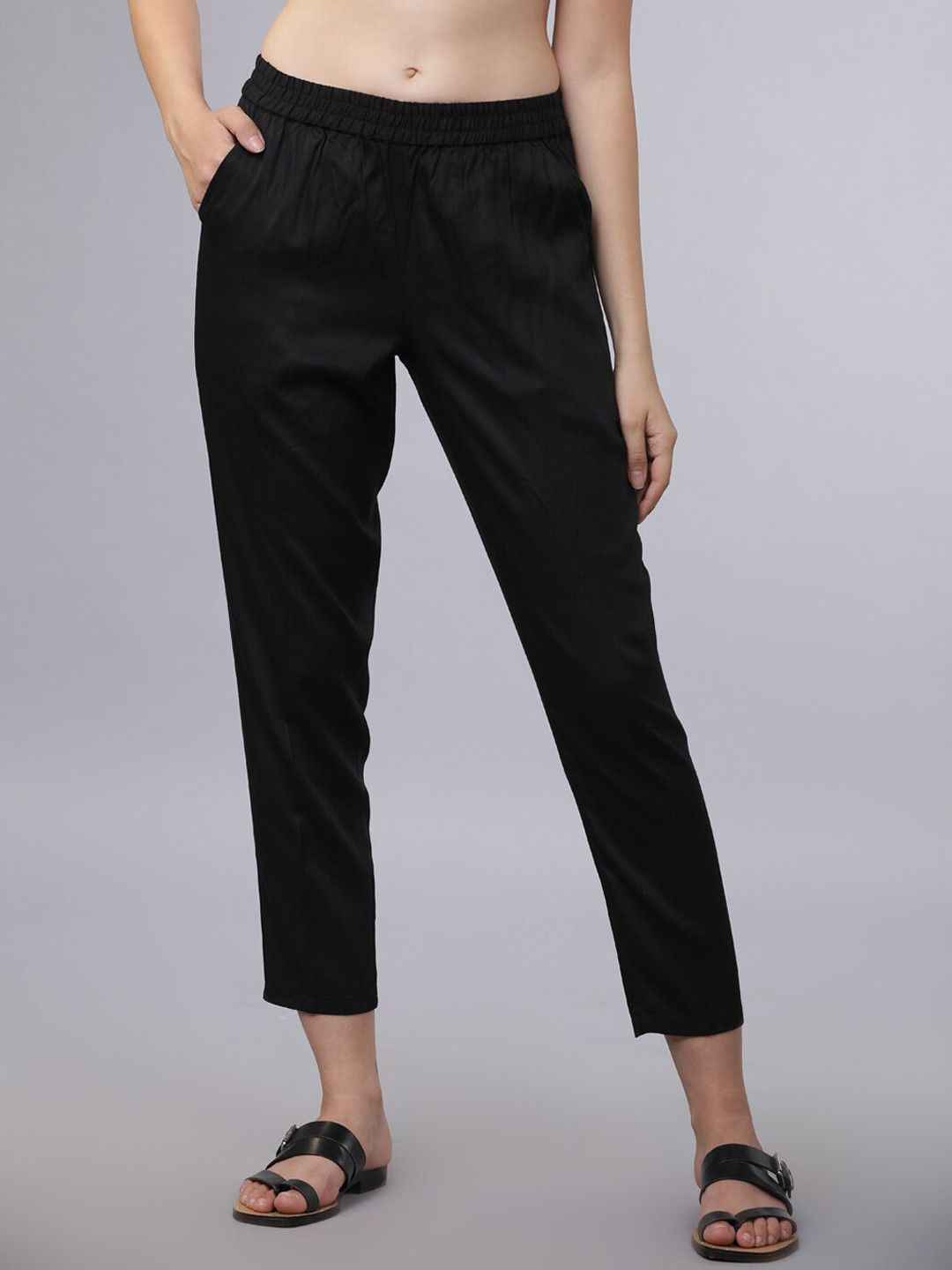 Tokyo Talkies Women Black Straight Fit Solid Regular Trousers