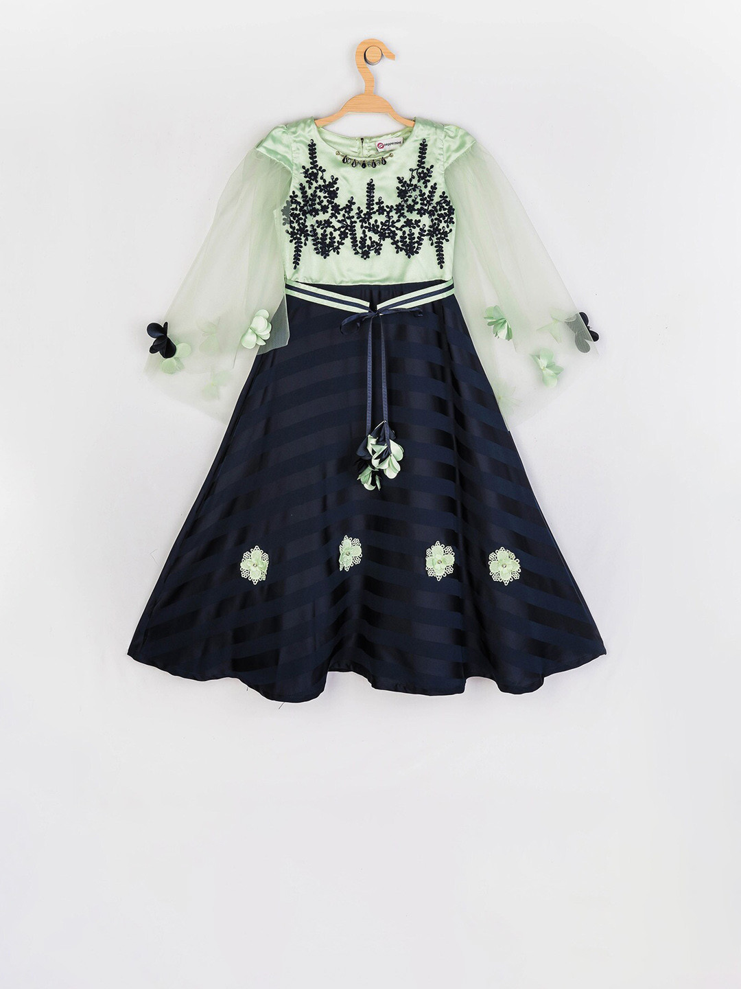Peppermint Girls Green And Black Printed PETAL PRINCESS Fit and Flare Dress