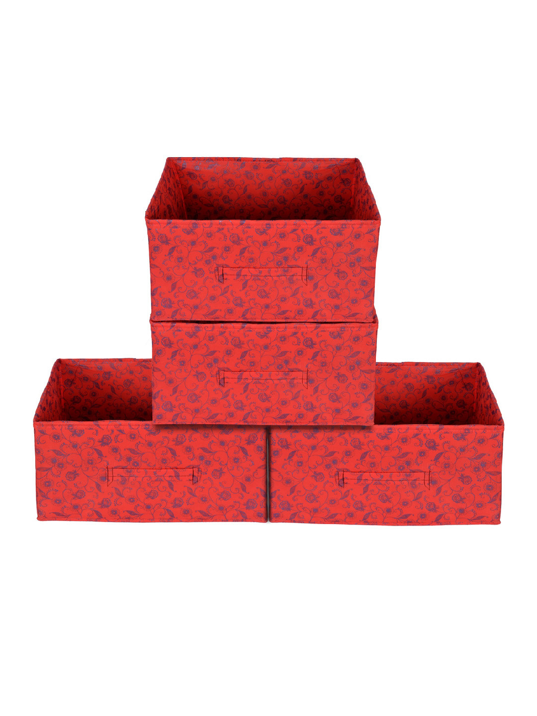 Kuber Industries Set Of 4 Red & Blue Metallic Floral Printed Storage Organizers