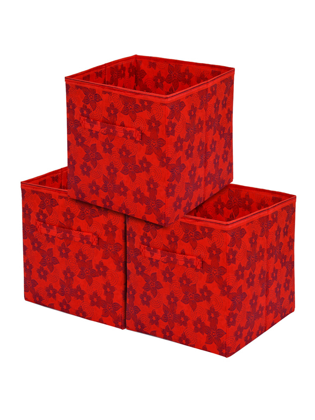 Kuber Industries Set Of 3 Red & Black Printed Large Storage Cubes With Handle