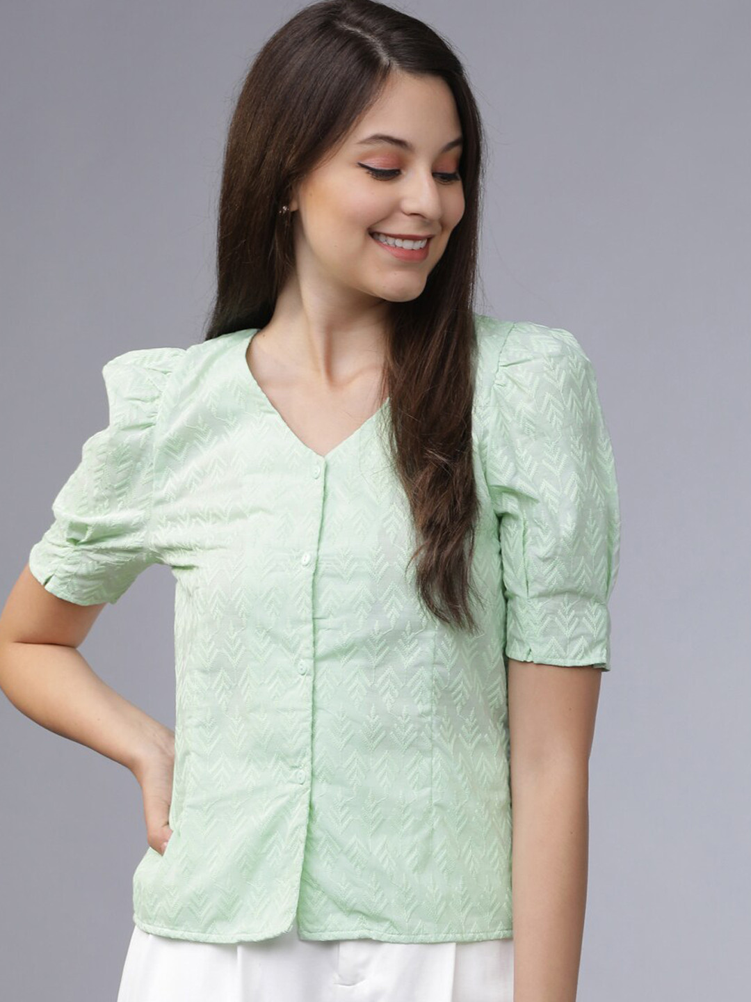 Tokyo Talkies Women Green Embroidered Top
