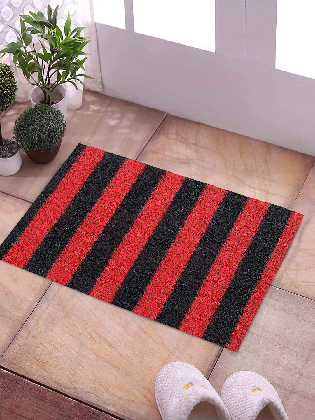 Kuber Industries Red & Black Striped Rubber Anti-Skid Doormat