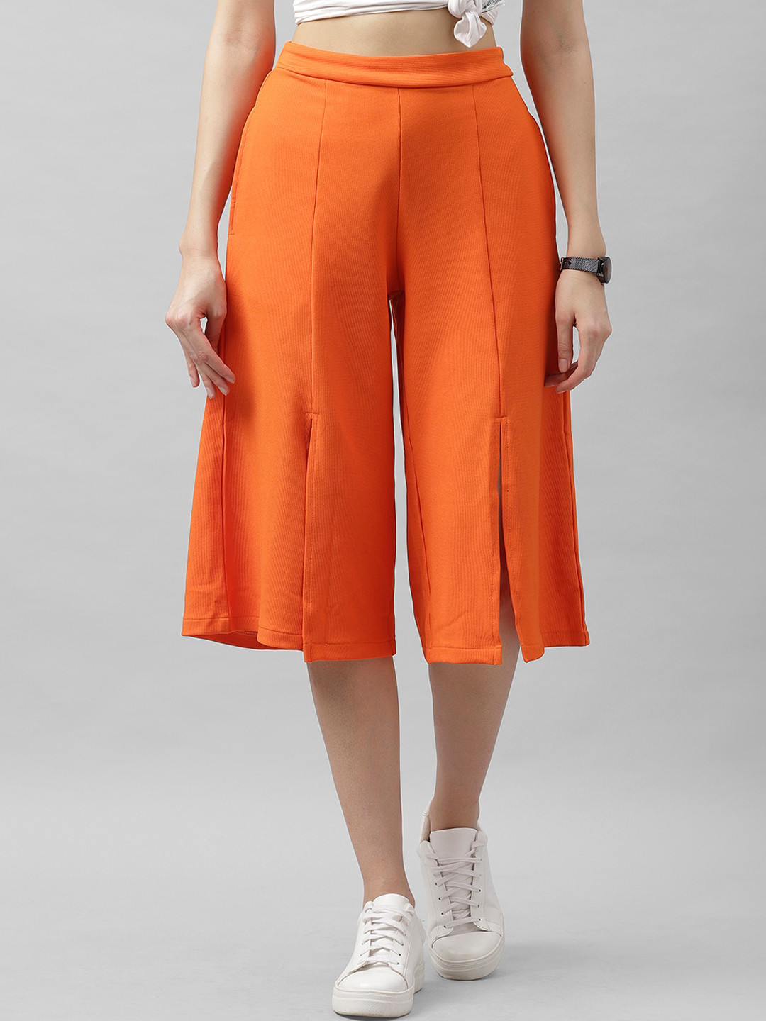 Athena Women Orange Flared Solid Culottes with Front Slit Detail