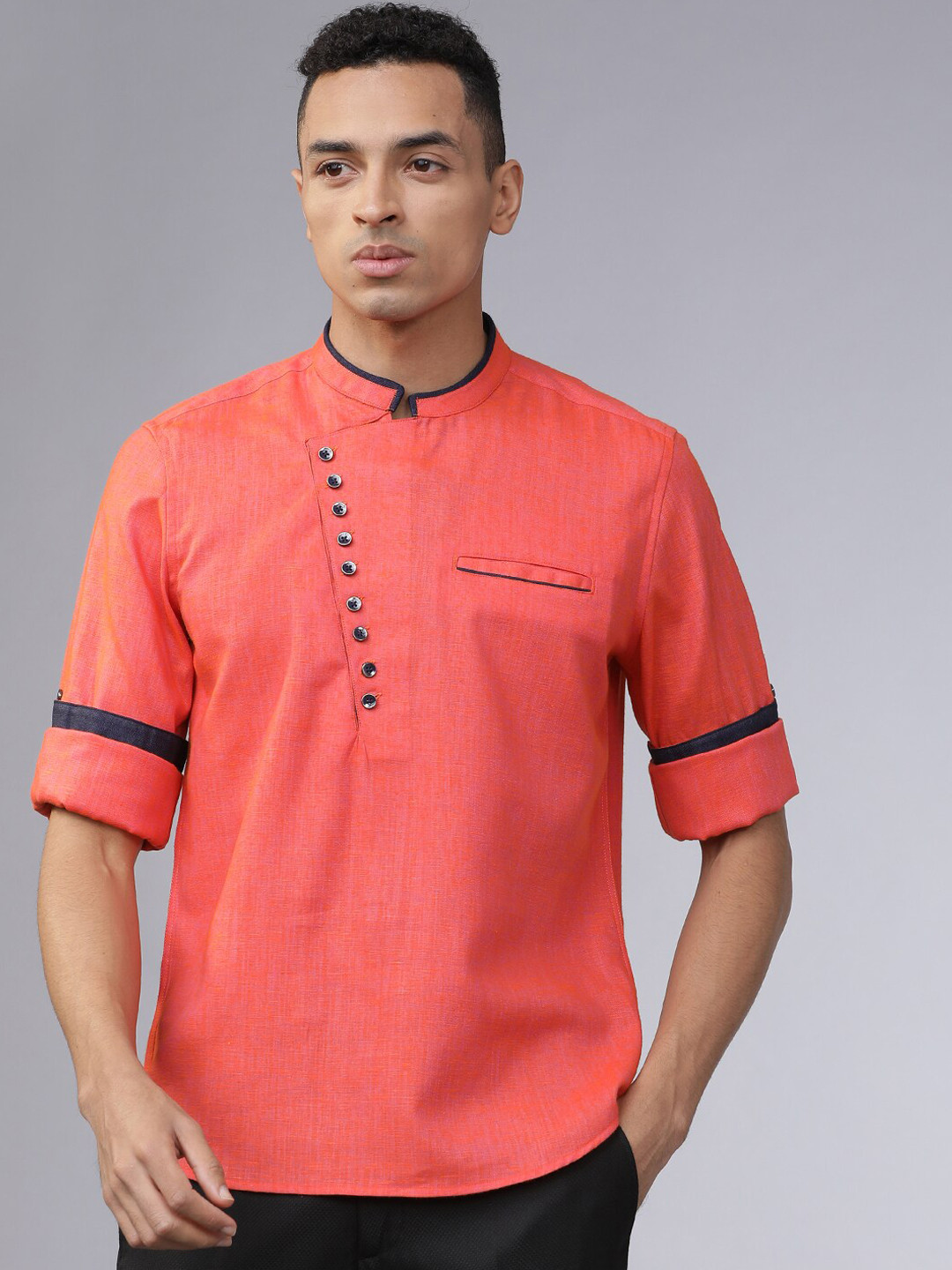HIGHLANDER Men Coral Pink Solid Straight Kurta