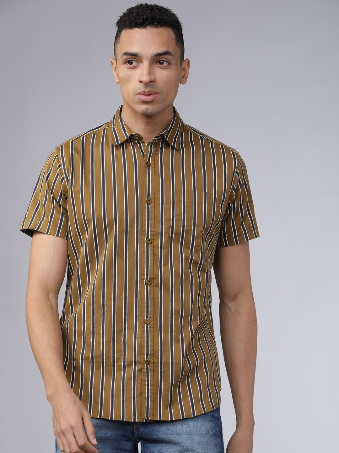HIGHLANDER Men Olive Brown & Navy Blue Slim Fit Striped Casual Shirt