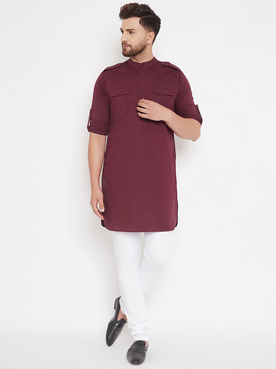 Hypernation Men Maroon Woven Design Pathani Kurta