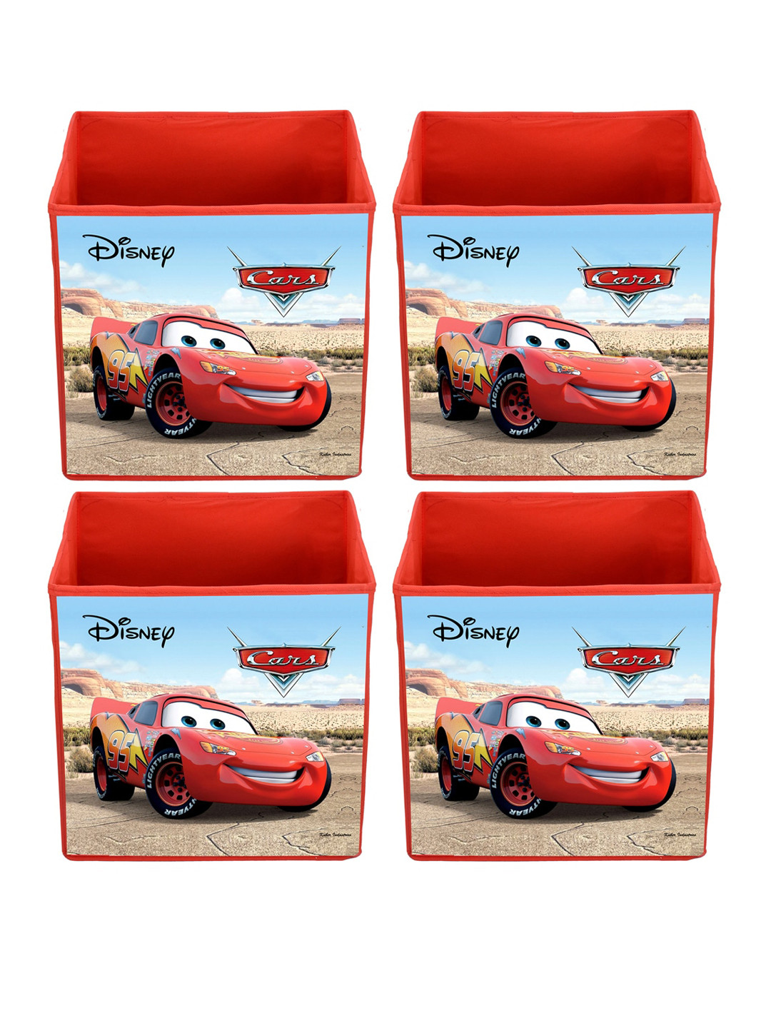Kuber Industries Set Of 4 Red Disney Cars Printed Foldable Storage Boxes With Handle