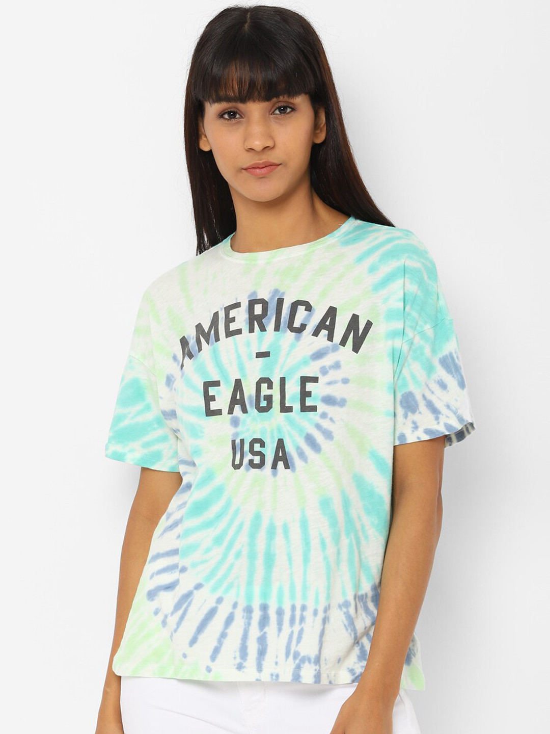 AMERICAN EAGLE OUTFITTERS Women Multicoloured Brand Logo Print Tie & Dye T-shirt