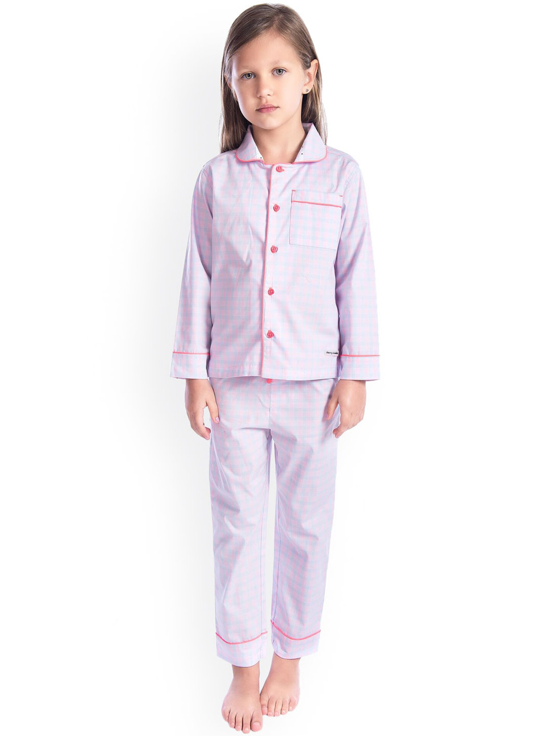 Cherry Crumble Girls Pink & Off-White Checked Night suit