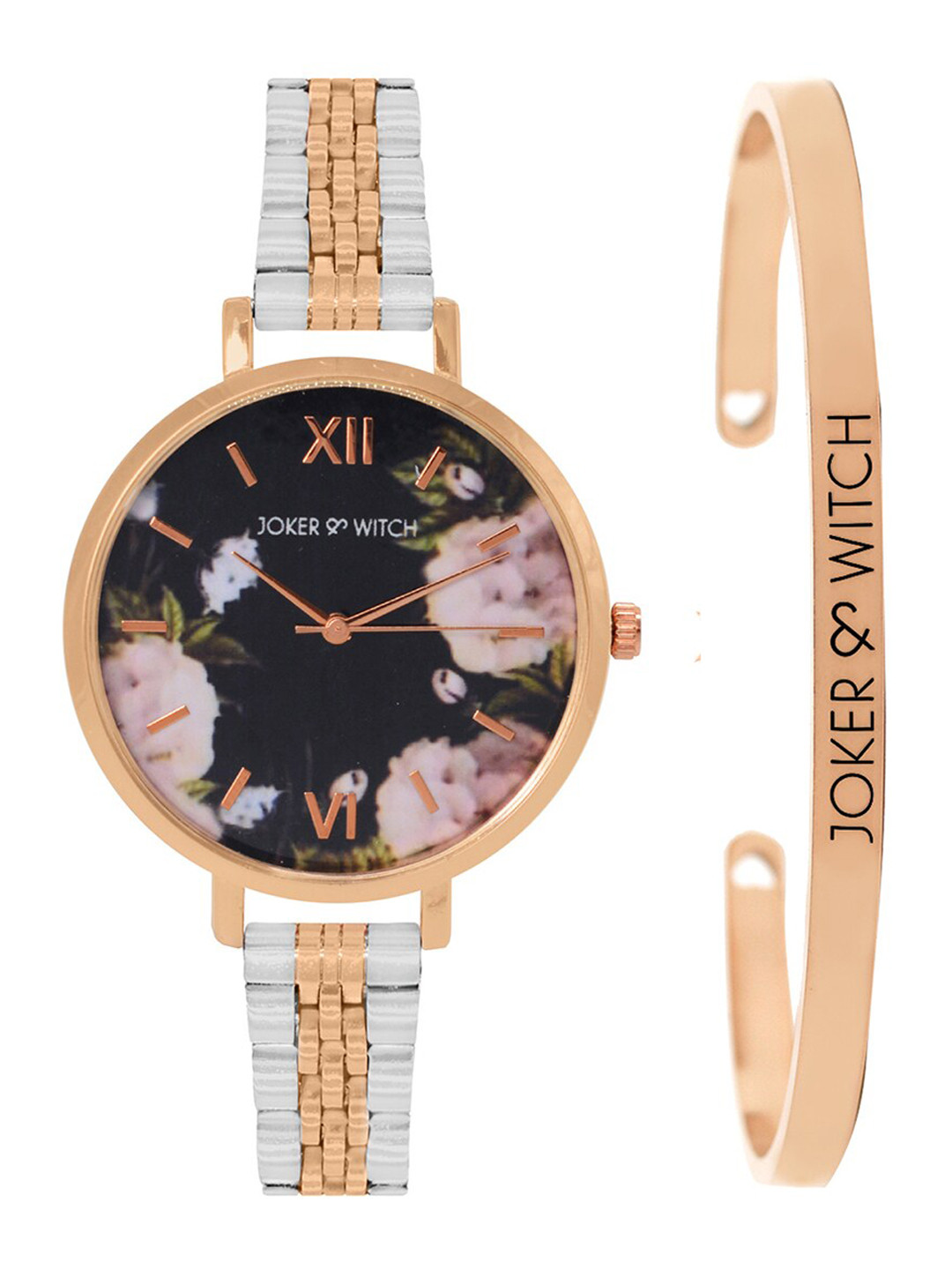 Joker & Witch Women Black & Rose Gold Floral Dial Watch & Bracelet Stack JWBS158