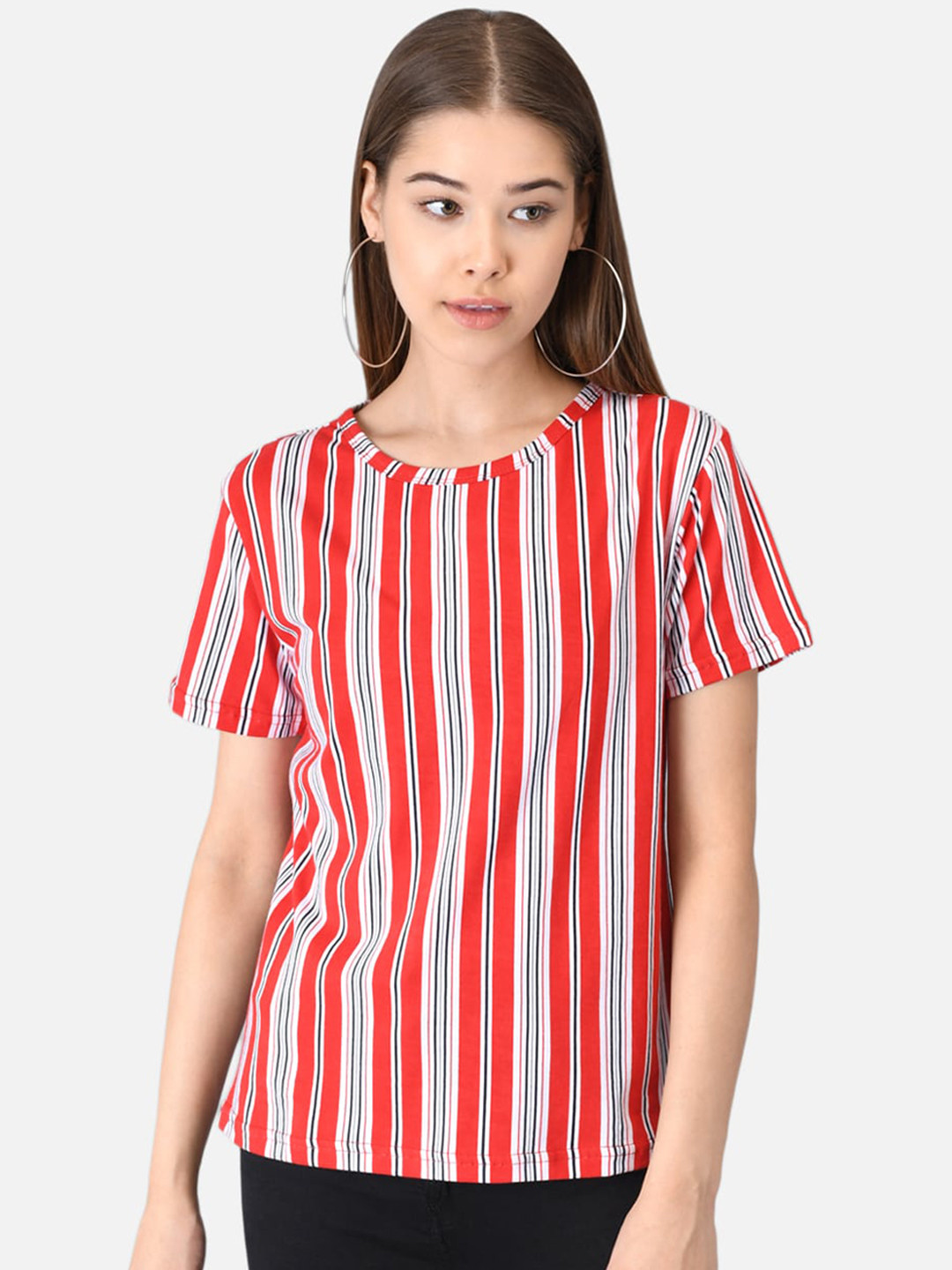 Kotty Women Red & White Striped Round Neck T-shirt