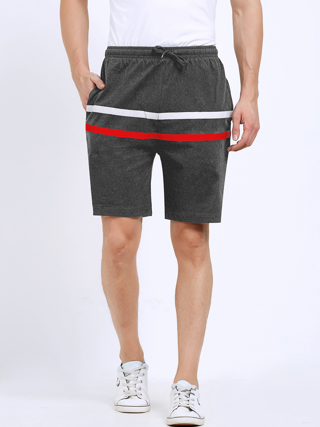Maniac Men Charcoal & Red Colourblocked Regular Fit Shorts