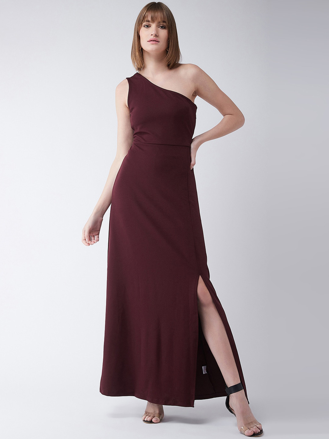 Miss Chase Women Maroon Solid Melody Of Love One Shoulder Maxi Dress