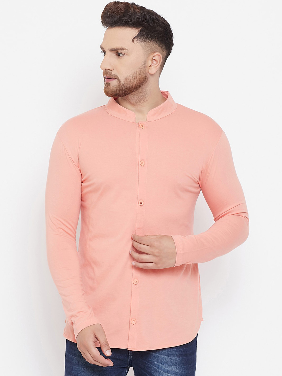 Hypernation Men Peach Solid Straight Shirt