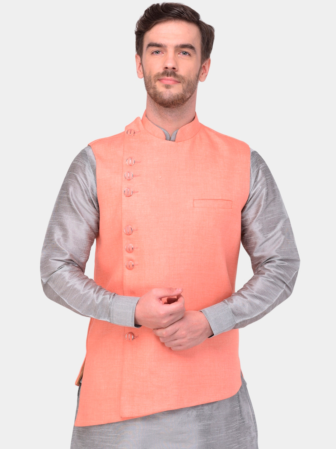 SG LEMAN Men Peach-Coloured Solid Satin Nehru Jacket