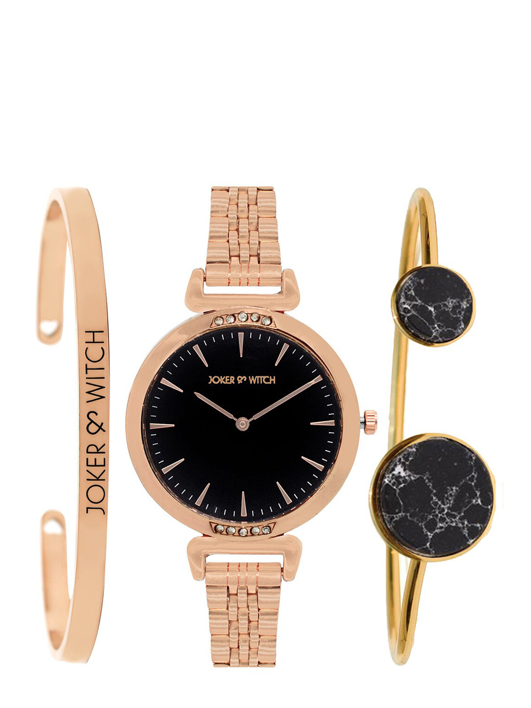 Joker & Witch Women Black & Rosegold Watch & Bracelet Stack JWBS154