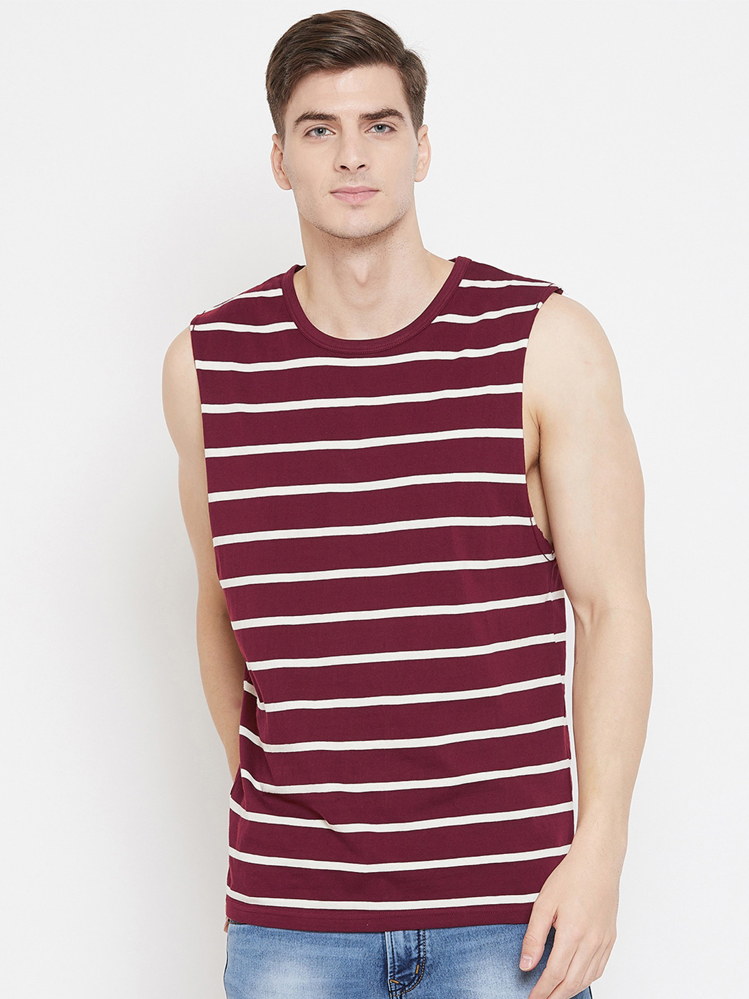 Hypernation Men Maroon & White Striped Round Neck T-shirt