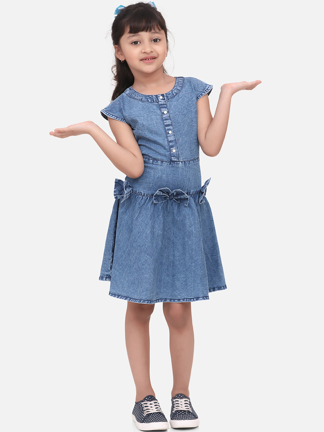 StyleStone Girls Blue Solid Fit and Flare Denim Dress