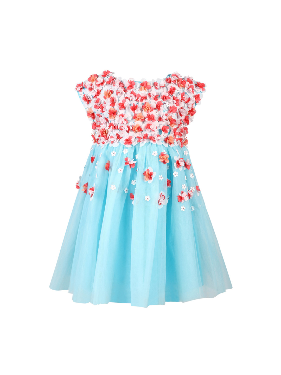 A Little Fable Girls Aqua Blue & Pink Applique Fit and Flare Dress