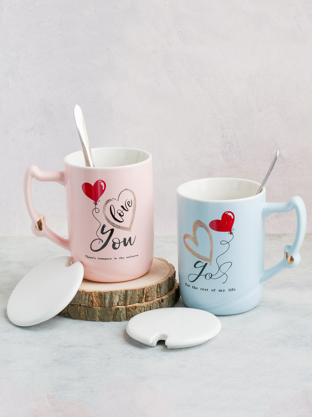 Art Street Blue Typography Ceramic Microwave Safe 2 Piece Cups with Lid and Spoon-300ml