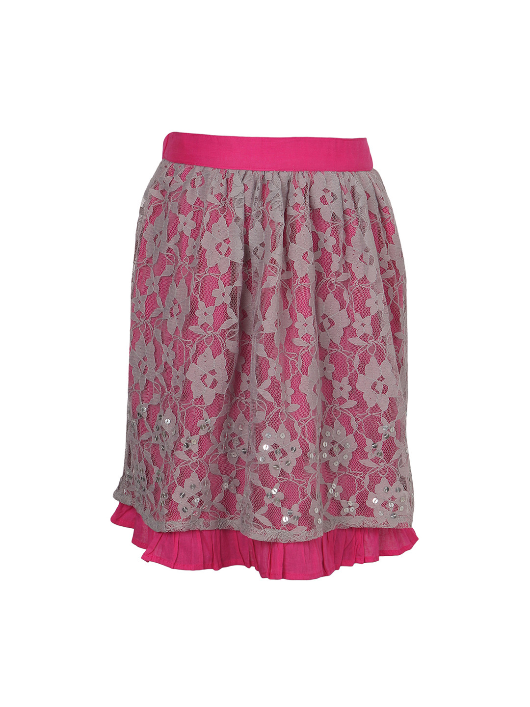 Miyo Girls Grey & Magenta Pink Lace Trimmed Flared Knee Length Pure Cotton Skirt