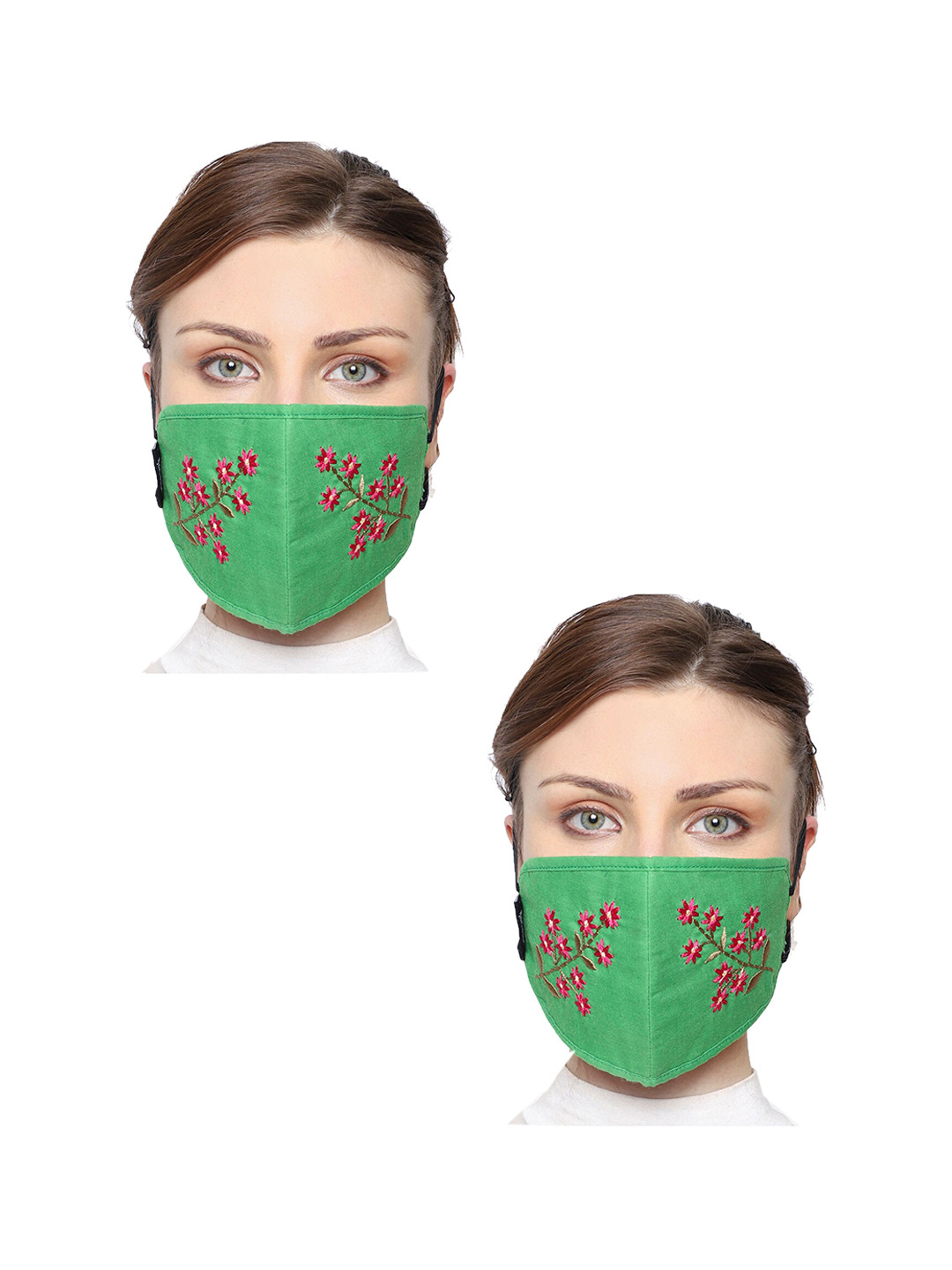 Anekaant Pack of 2 Green & Pink 3-Ply Floral Embroidered Reusable Fabric Masks