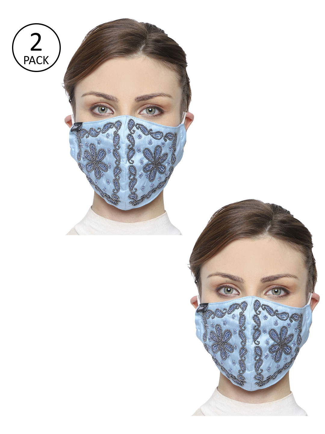 Anekaant Women 2 Pcs Blue Embellished 3 Ply Protective Outdoor Reusable Face Masks