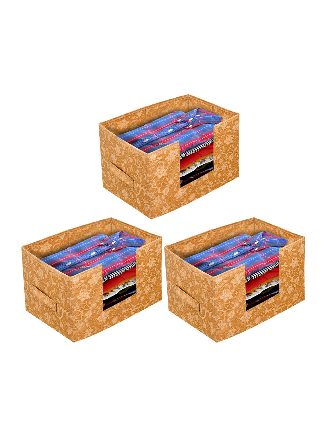 Kuber Industries Set Of 3 Beige Metallic Printed Shirt Stacker Organisers With Handles