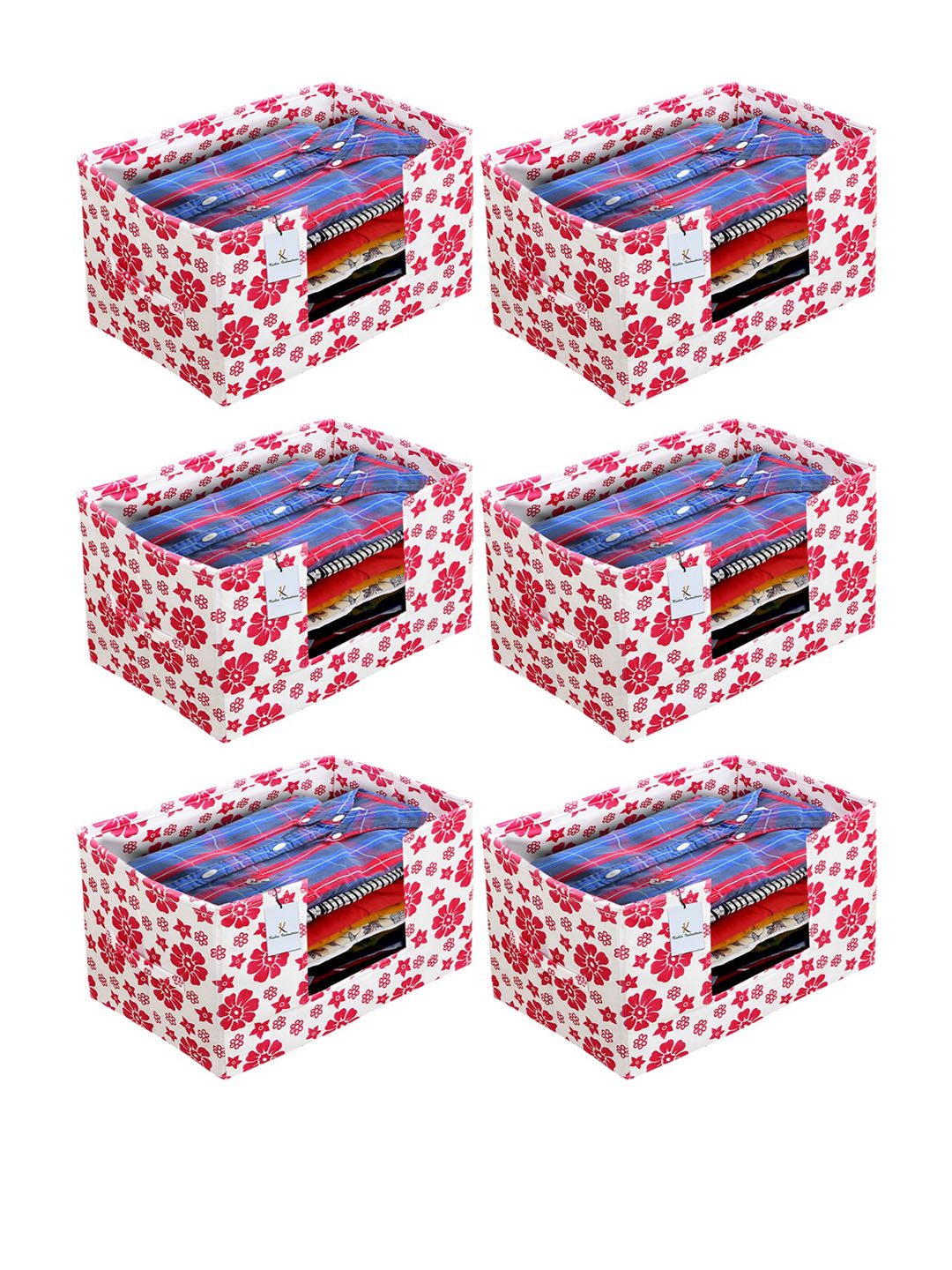 Kuber Industries Set Of 6 White & Pink Flower Printed Shirt Stacker Organisers With Handles