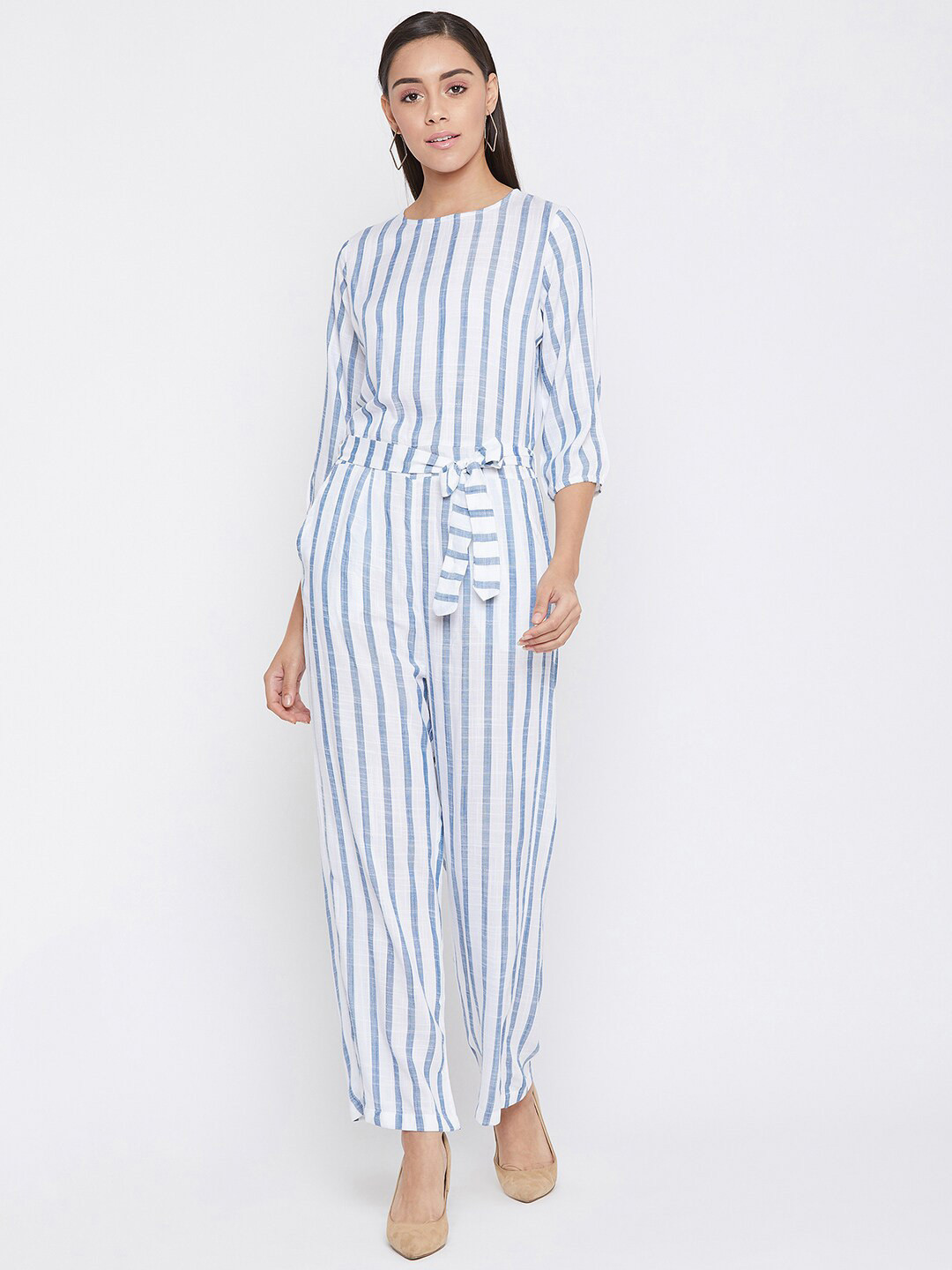 Crimsoune Club Women Blue & White Striped Basic Jumpsuit