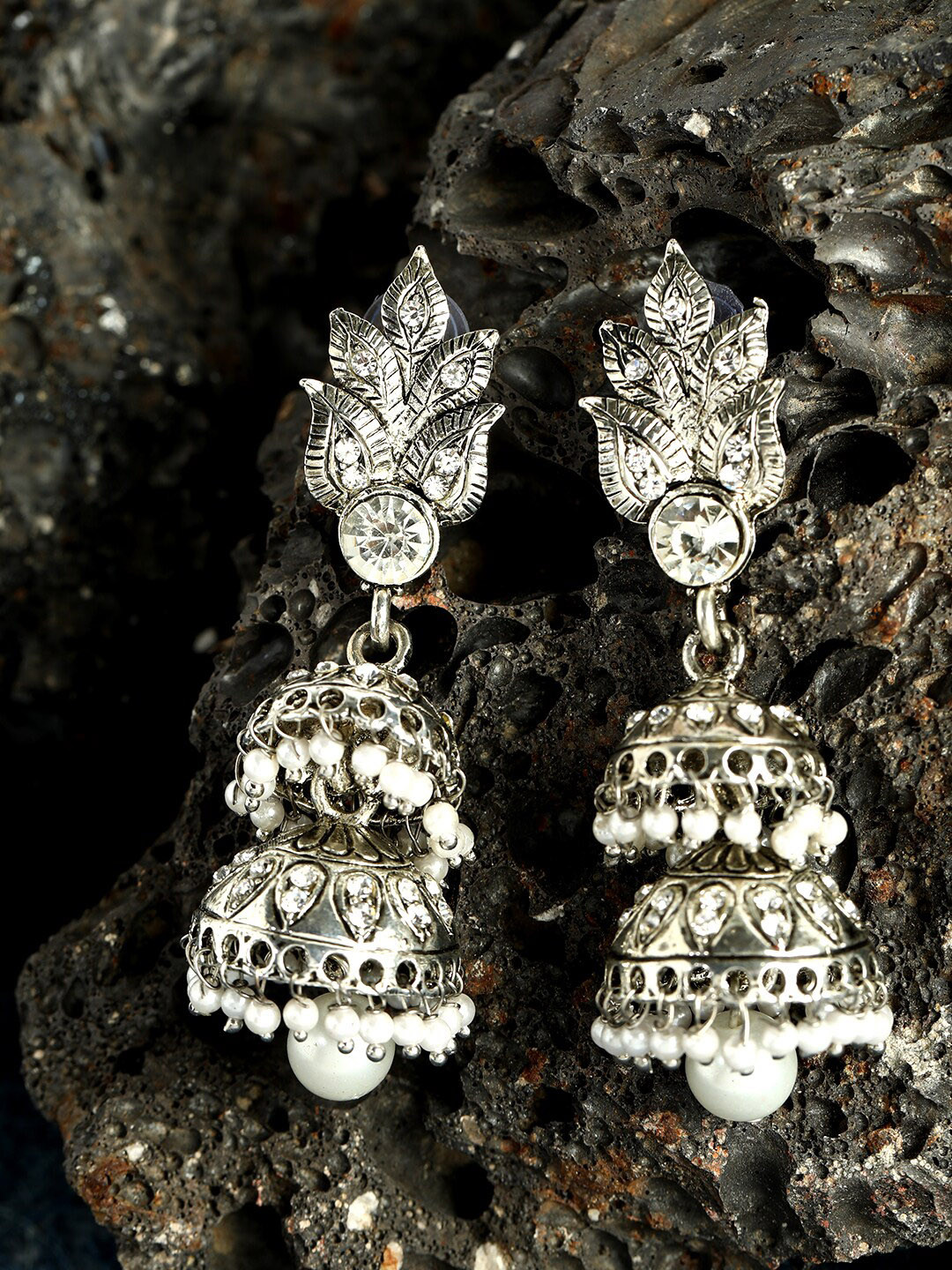 ANIKAS CREATION Silver Handcrafted Leaf Shaped Jhumkas