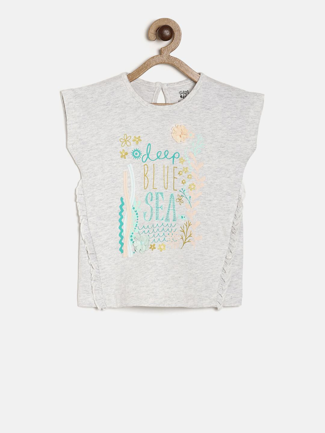 MINI KLUB Girls Grey Printed Knit Pure Cotton Top