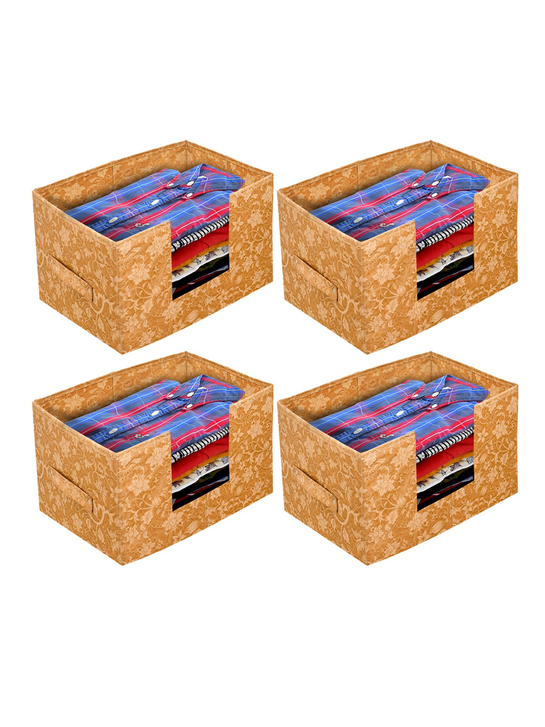 Kuber Industries Set Of 4 Beige Metallic Printed Shirt Stacker Organisers With Handles