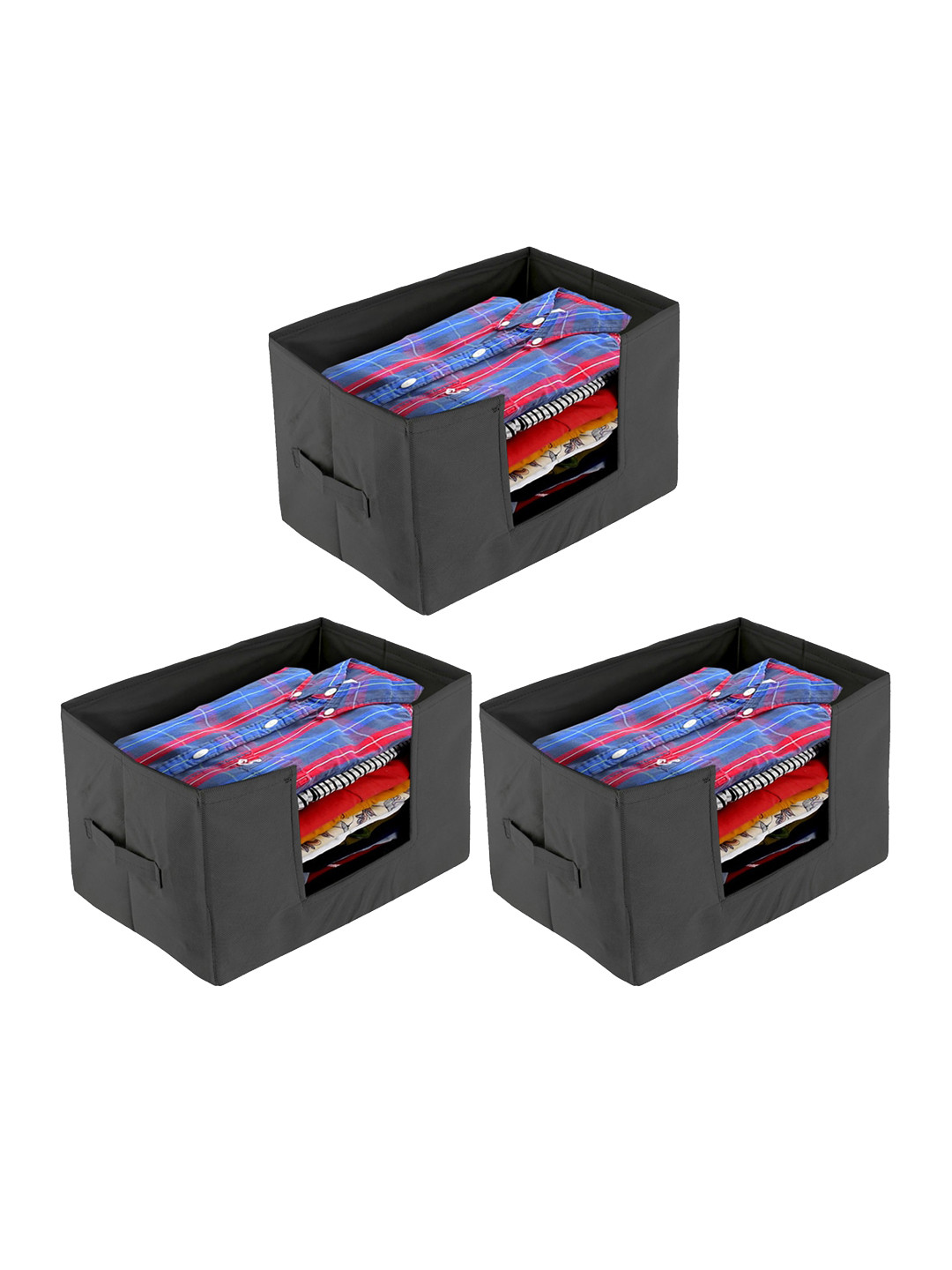 Kuber Industries Set Of 3 Black Solid Shirt Stacker Organisers With Handles