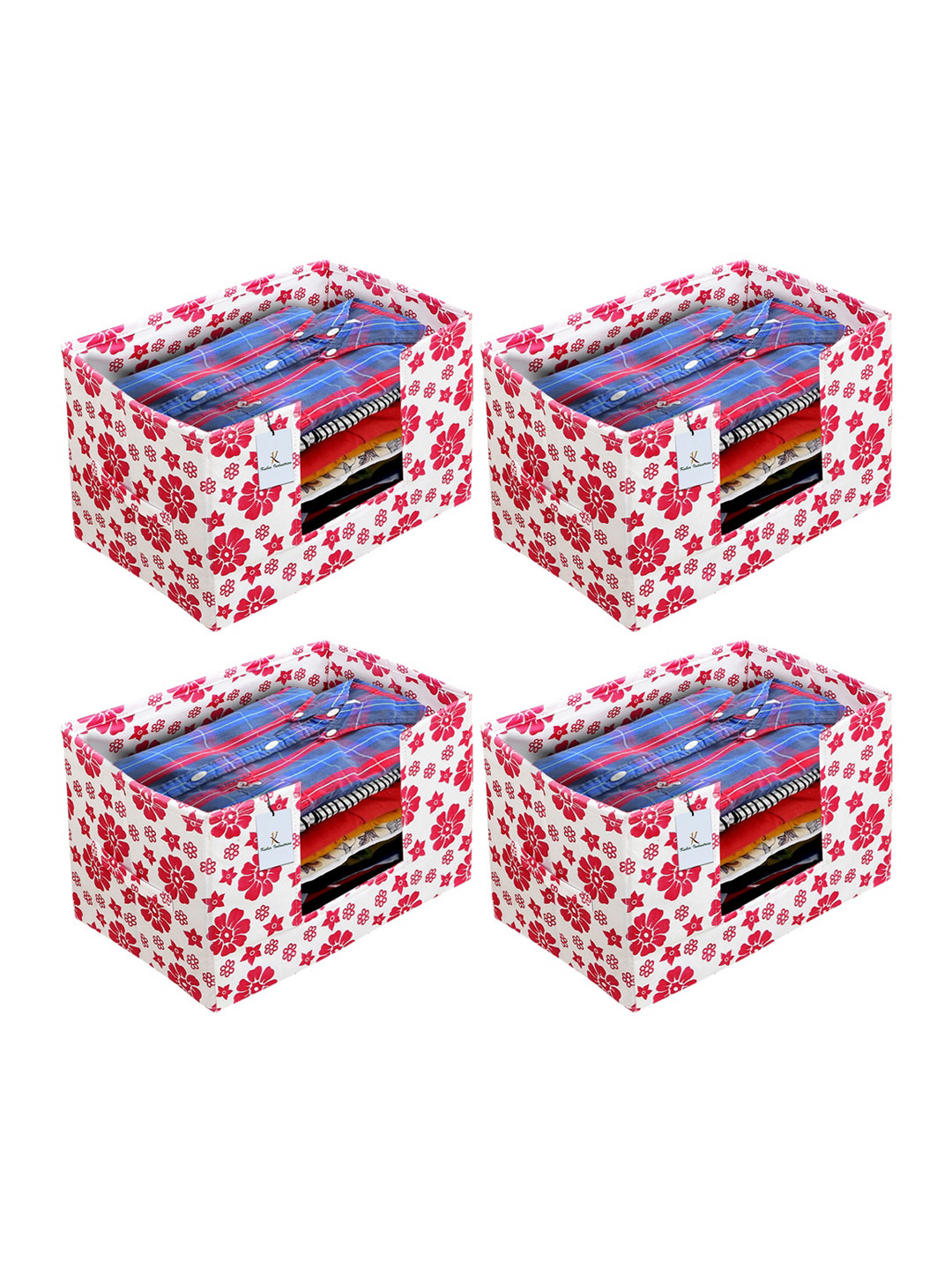Kuber Industries Set Of 4 White & Pink Flower Printed Shirt Stacker Organisers With Handles