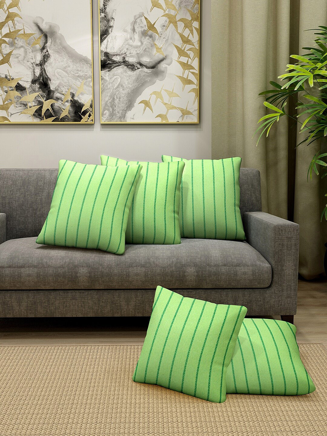 KLOTTHE Green Striped Cotton Washable 5 Pcs Embellished Square Cushion Covers -16.1x16.1In
