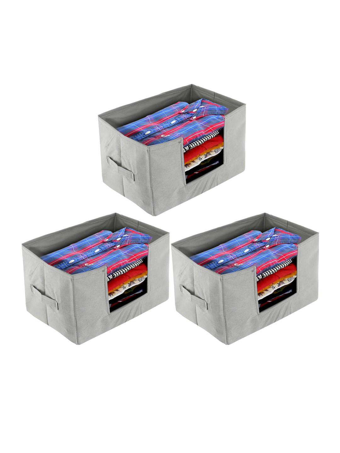 Kuber Industries Set Of 3 Grey Solid Shirt Stacker Organisers With Handles