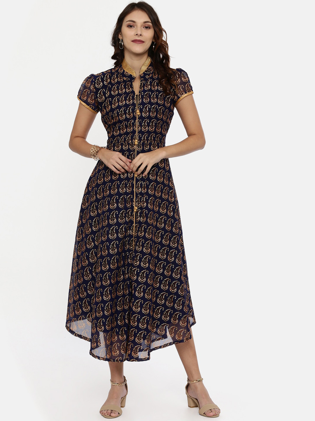 Souchii Women Navy Blue & Gold Floral Print Fit and Flare Dress