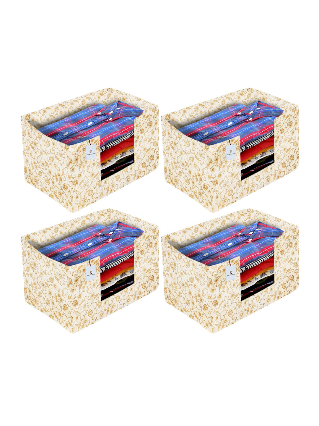 Kuber Industries Set Of 4 Beige & Brown Metallic Printed Shirt Stacker Organisers With Handles