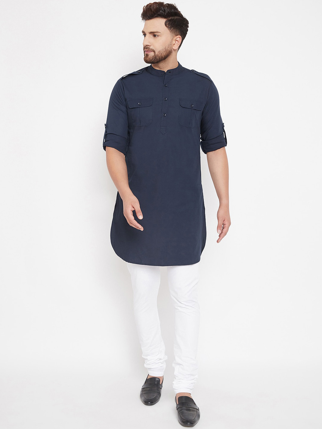 Hypernation Men Navy Blue Woven Design Pathani Kurta