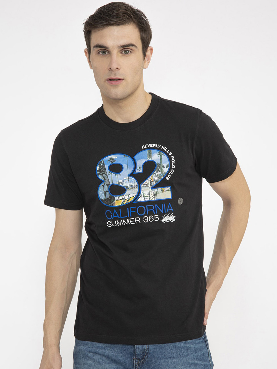 Beverly Hills Polo Club Men Black & Blue Printed Round Neck T-shirt