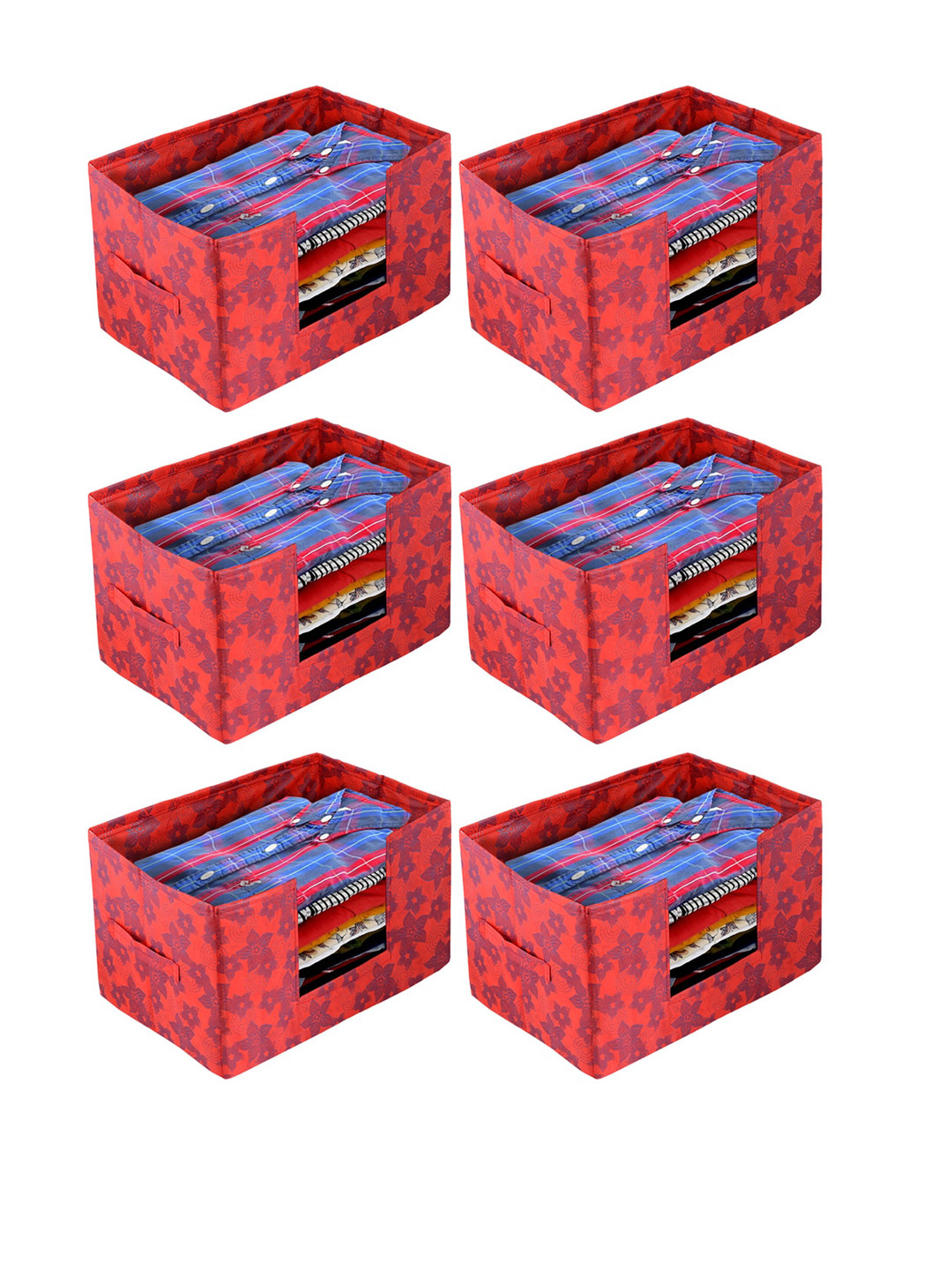 Kuber Industries Set Of 6 Red Metallic Printed Shirt Stacker Organisers With Handles