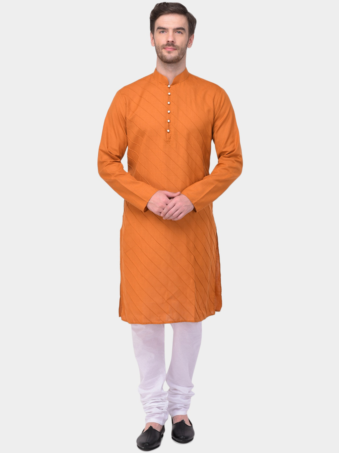 SG LEMAN Men Rust & White Self Design Kurta with Churidar