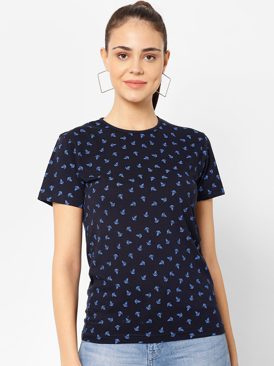 MACK JONNEY Women Navy Blue & Print Nautical Print Round Neck T-shirt