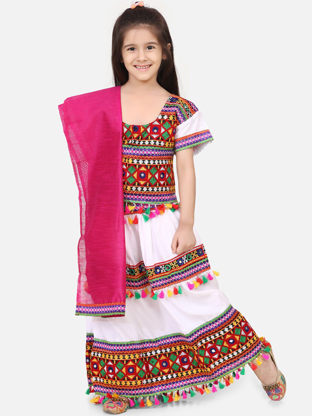 BownBee Girls White & Pink Embellished Ready to Wear Chaniya Choli