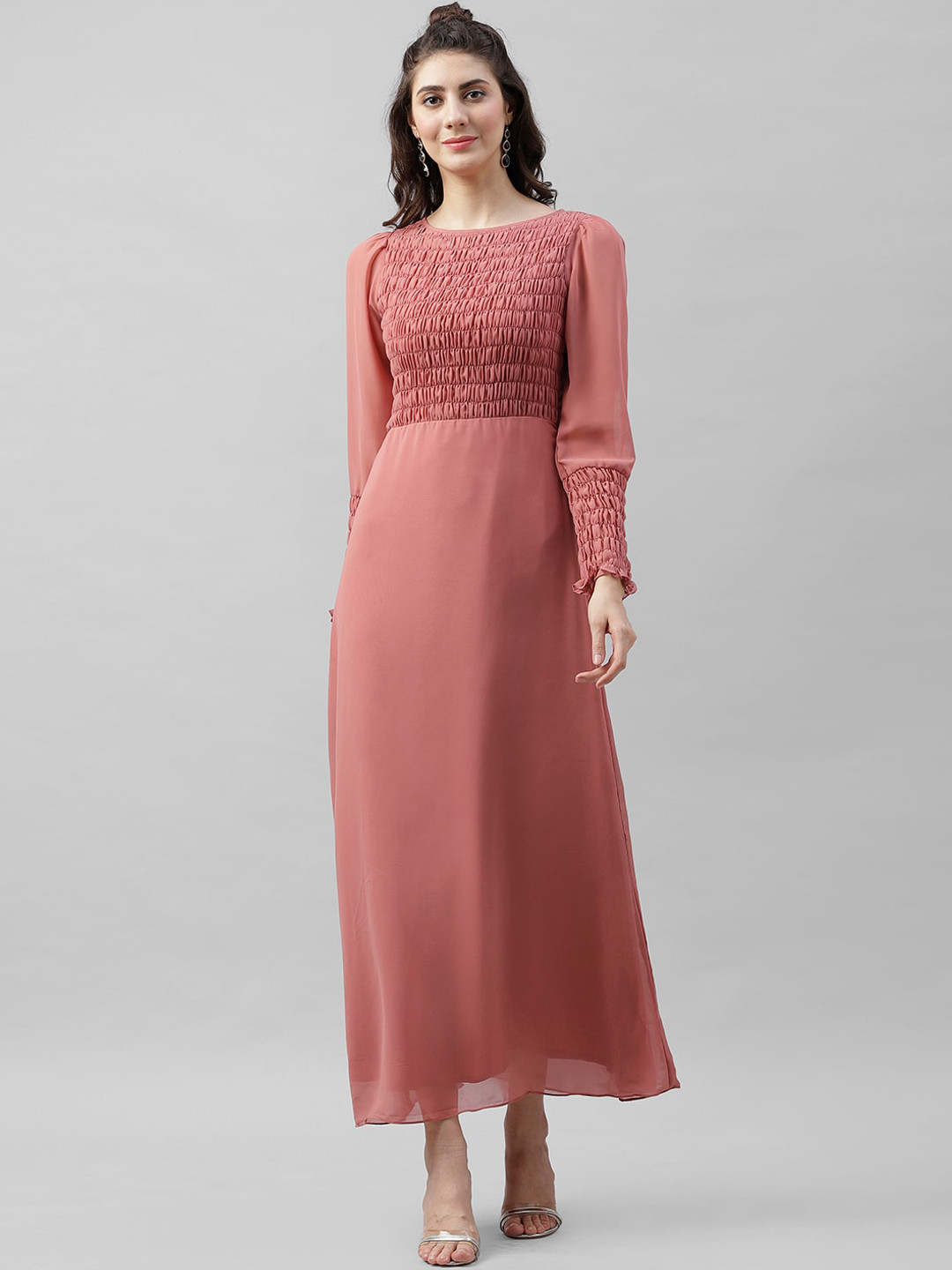 Athena Women Mauve Solid Maxi Dress with Smocking Detail