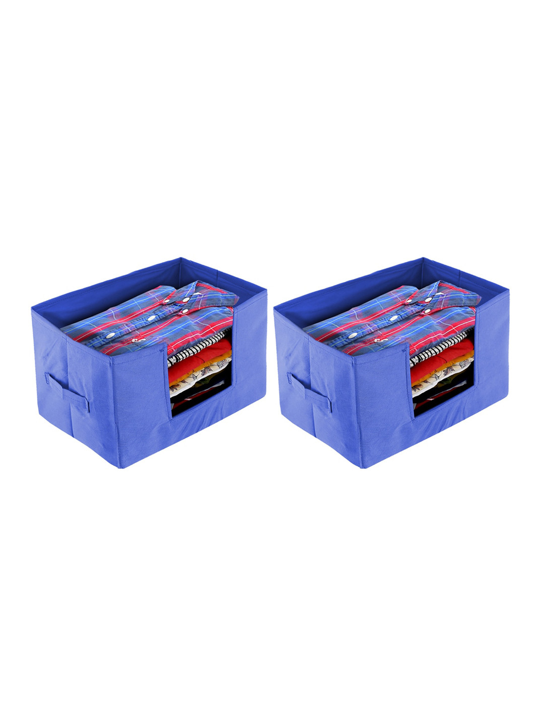 Kuber Industries Set Of 2 Blue Solid Shirt Stacker Organisers With Handles