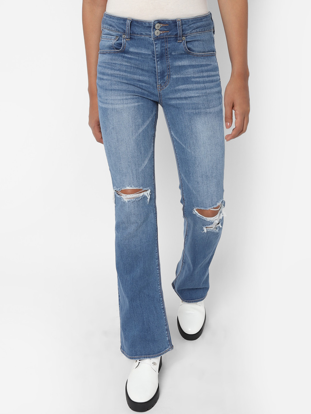 AMERICAN EAGLE OUTFITTERS Women Blue Flared Mid-Rise Slash Knee Jeans